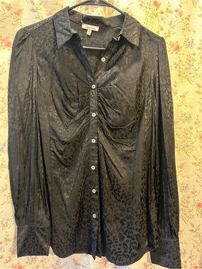 White Birch Satin Button-Up Ruched Blouse NWOT